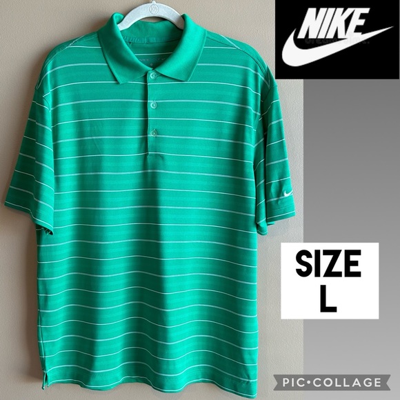 Nike Golf Mens Polo Dri-Fit Green White Striped Short Sleeve Polo Shirt Size L - Picture 1 of 16